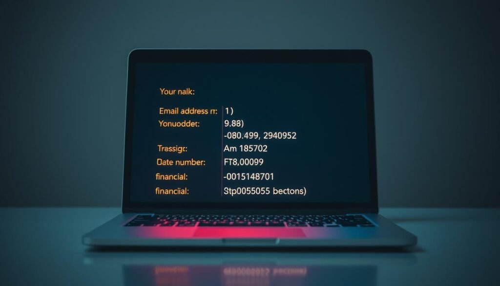 A close-up view of a laptop screen displaying a variety of personal information, including a user's name, email address, phone number, date of birth, and financial details. The screen is brightly lit, casting a warm glow over the sensitive data. The laptop is positioned on a clean, minimalist desk, with a subtle blur in the background to draw the viewer's attention to the vulnerable information. The overall atmosphere conveys a sense of unease and violation, highlighting the importance of protecting one's personal data.