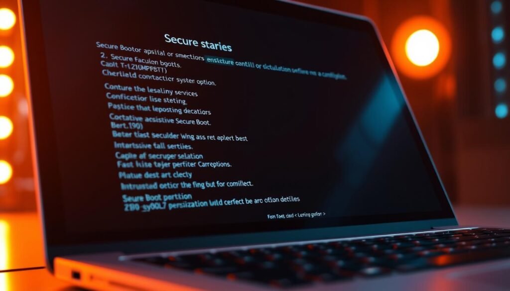 A close-up view of a laptop screen displaying the "Secure Boot" configuration menu, with an array of technical options and settings. The screen is backlit by a soft, warm glow, creating a sense of focus and clarity. The laptop's sleek, metallic chassis is visible in the foreground, hinting at the high-end nature of the device. The overall composition conveys a sense of importance and attention to detail, reflecting the critical role that secure boot plays in system security. A close-up view of a laptop screen displaying the "Secure Boot" configuration menu, with an array of technical options and settings. The screen is backlit by a soft, warm glow, creating a sense of focus and clarity. The laptop's sleek, metallic chassis is visible in the foreground, hinting at the high-end nature of the device. The overall composition conveys a sense of importance and attention to detail, reflecting the critical role that secure boot plays in system security.