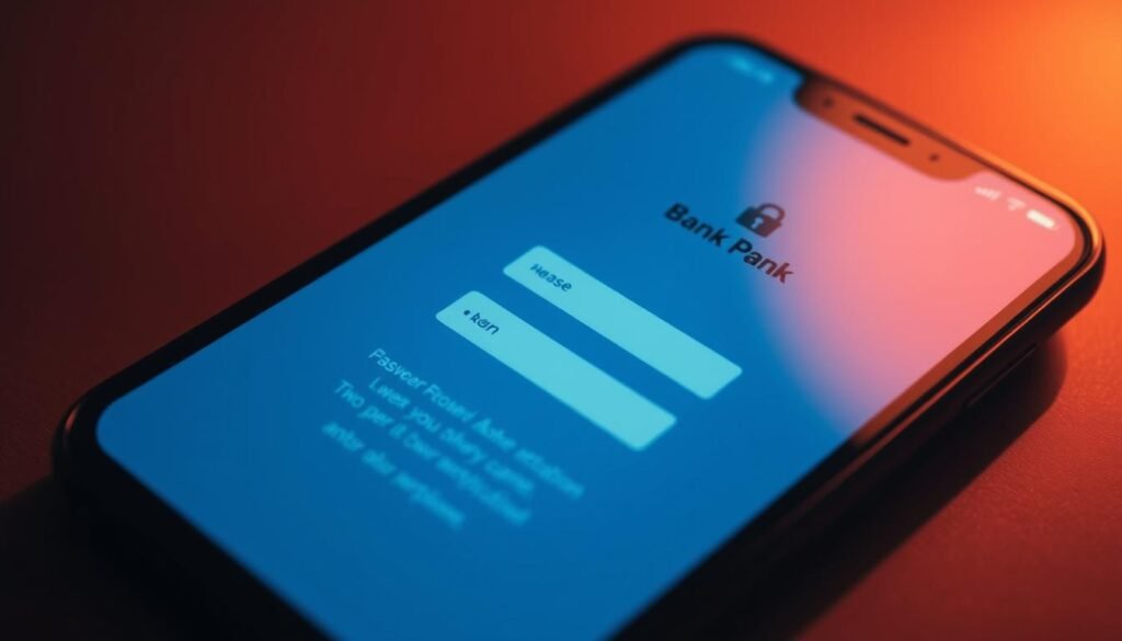A close-up view of a smartphone screen displaying a bank login interface. The screen is illuminated by a warm, soft light, casting subtle shadows across the surface. The login fields are rendered in a clean, minimalist design, with a focus on security features like password masking and two-factor authentication prompts. The background is blurred, creating a sense of depth and drawing the viewer's attention to the login process. The overall mood is one of digital privacy and protection, emphasizing the importance of safeguarding one's financial information without relying solely on antivirus software.