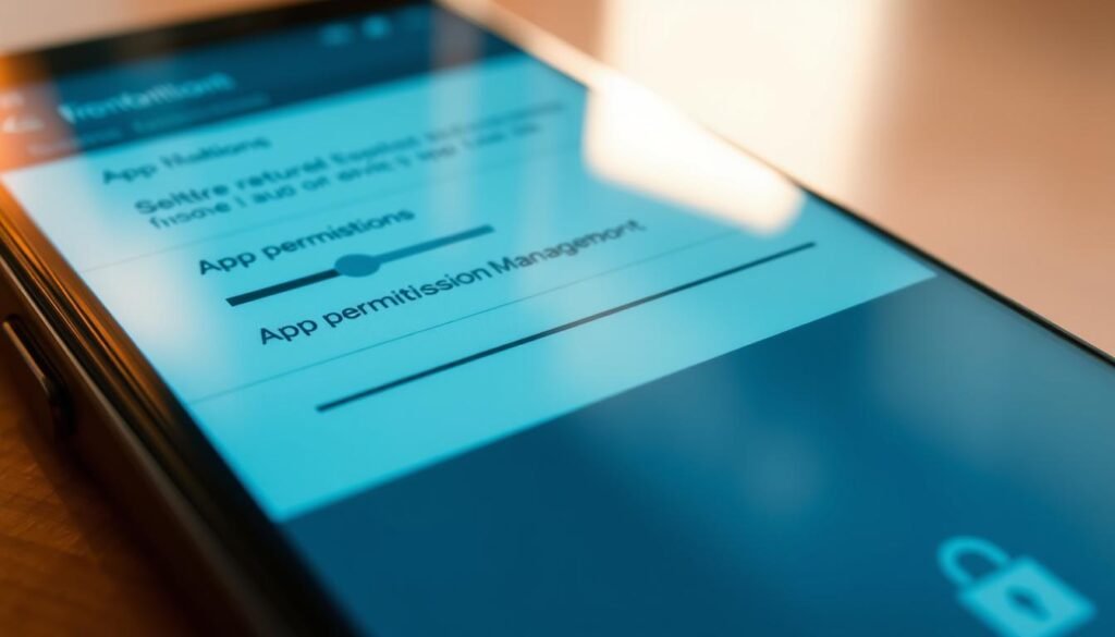 A close-up view of a smartphone's screen, displaying the Android "Permission Manager" interface. The foreground features the app permissions settings panel, with toggles and sliders for granular control over app access to device features and user data. The middle ground showcases a clean, minimalist UI design with clear iconography and intuitive layout, reflecting the section's focus on securing Android through effective permission management. The background is slightly blurred, hinting at the overall theme of the article - maintaining privacy and security on the Android platform. Warm, natural lighting casts a subtle glow on the device, creating a sense of approachability and user-friendliness. A close-up view of a smartphone's screen, displaying the Android "Permission Manager" interface. The foreground features the app permissions settings panel, with toggles and sliders for granular control over app access to device features and user data. The middle ground showcases a clean, minimalist UI design with clear iconography and intuitive layout, reflecting the section's focus on securing Android through effective permission management. The background is slightly blurred, hinting at the overall theme of the article - maintaining privacy and security on the Android platform. Warm, natural lighting casts a subtle glow on the device, creating a sense of approachability and user-friendliness.