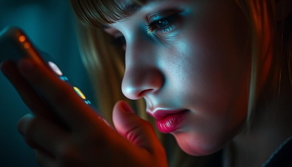 A close-up view of a teenage girl's smartphone home screen, softly illuminated by the device's glow. The screen displays a collage of various social media app icons, each pulsing with notifications. The screen's reflections cast a warm, ethereal light on the user's face, hinting at the complex digital landscape they navigate. The background is blurred, suggesting the immersive, isolating nature of this intimate technological interface. The overall mood is one of contemplation, as the viewer is invited to consider the hidden costs and personal implications of this digital relationship. A close-up view of a teenage girl's smartphone home screen, softly illuminated by the device's glow. The screen displays a collage of various social media app icons, each pulsing with notifications. The screen's reflections cast a warm, ethereal light on the user's face, hinting at the complex digital landscape they navigate. The background is blurred, suggesting the immersive, isolating nature of this intimate technological interface. The overall mood is one of contemplation, as the viewer is invited to consider the hidden costs and personal implications of this digital relationship.