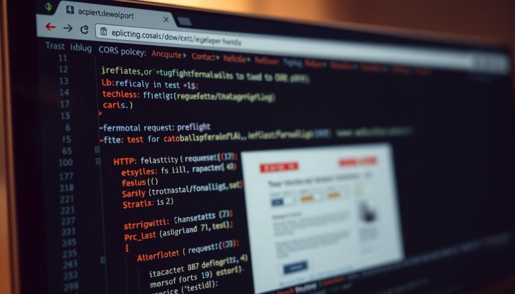 A close-up view of a web browser window, the focus centered on the developer console. The foreground displays a "preflight" request, showcasing the HTTP headers and response codes essential for testing and validating a CORS policy. The middle ground features a simplified website layout, hinting at the web application's functionality. The background is softly blurred, creating a sense of depth and emphasizing the technical details in the foreground. The lighting is warm and natural, creating a subtle, professional atmosphere that invites the viewer to explore the intricacies of this CORS-related issue.