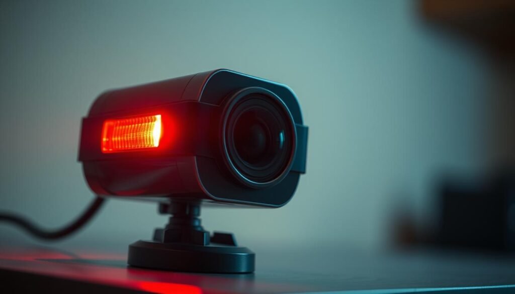 A close-up view of an indicator light webcam, with a glowing red LED light signaling potential activity. The device is positioned on a desk or table, illuminated by a soft, warm lighting. The camera lens is visible, reflecting the surrounding environment. The overall scene conveys a sense of alertness and a need for vigilance, setting the stage for the "Detect and respond: signs your camera may be compromised" section of the article. A close-up view of an indicator light webcam, with a glowing red LED light signaling potential activity. The device is positioned on a desk or table, illuminated by a soft, warm lighting. The camera lens is visible, reflecting the surrounding environment. The overall scene conveys a sense of alertness and a need for vigilance, setting the stage for the "Detect and respond: signs your camera may be compromised" section of the article.