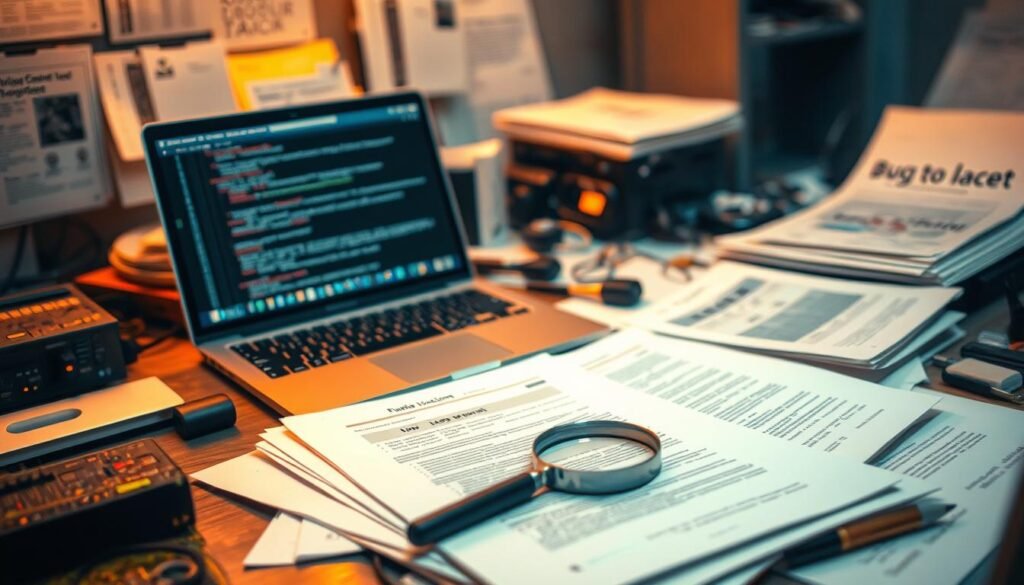 A cluttered desk with various documents, reports, and computer accessories scattered across it. The papers are crisp and detailed, hinting at the valuable information they contain. Warm, focused lighting illuminates the scene, casting a professional, analytical atmosphere. In the foreground, a laptop with a code editor or hacking tool open, symbolizing the process of learning from bug bounty reports. The middle ground features a magnifying glass, signifying the careful examination of these documents. The background blurs gently, keeping the focus on the central workspace and the tools of the trade. A cluttered desk with various documents, reports, and computer accessories scattered across it. The papers are crisp and detailed, hinting at the valuable information they contain. Warm, focused lighting illuminates the scene, casting a professional, analytical atmosphere. In the foreground, a laptop with a code editor or hacking tool open, symbolizing the process of learning from bug bounty reports. The middle ground features a magnifying glass, signifying the careful examination of these documents. The background blurs gently, keeping the focus on the central workspace and the tools of the trade.