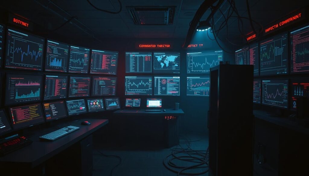 A command and control server stands in a dimly lit, high-tech command center. Rows of monitors display real-time data from a sprawling botnet, with graphs and charts tracking infected devices. The server's interface is a complex dashboard of commands and communication channels, orchestrating the activities of the compromised machines. Dramatic lighting casts shadows across the scene, creating an ominous atmosphere. Cables and wires snake across the space, connecting the server to the wider network. The overall impression is one of a sophisticated, covert operation directing a vast, distributed system of compromised hosts.