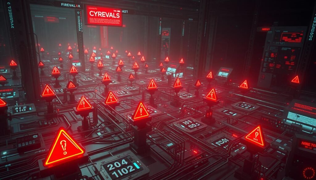 A complex digital landscape with intricate firewall systems, their configurations appearing as a tangled web of interlinked nodes and pathways. In the foreground, a series of glowing red warning symbols highlight critical vulnerabilities, casting an ominous glow across the scene. The middle ground features a labyrinth of firewall rules, some appearing robust and secure, others fraying and unstable, representing the precarious state of network security. In the background, a dark, foreboding atmosphere sets the tone, emphasizing the urgency and potential consequences of firewall misconfigurations. The image is rendered in a realistic, technical style, capturing the high-stakes nature of the subject matter.