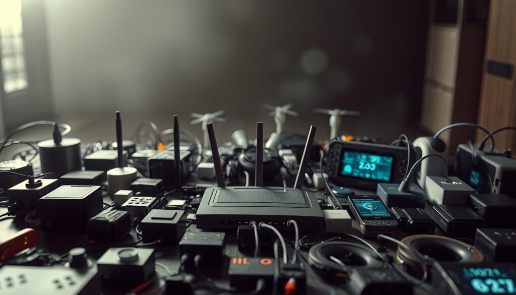 A complex network of interconnected devices, each with its own unique role and vulnerabilities. In the foreground, a diverse array of smart home gadgets, IoT sensors, and consumer electronics, their digital footprints evident. In the middle ground, a router and wireless access points, the hub of this connected world. The background bathed in a soft, diffused light, hinting at the broader ecosystem of home networking. Subtle shadows and reflections add depth, while muted tones convey a sense of technical precision. This image captures the nuanced segmentation required to secure a modern, multi-layered home network. A complex network of interconnected devices, each with its own unique role and vulnerabilities. In the foreground, a diverse array of smart home gadgets, IoT sensors, and consumer electronics, their digital footprints evident. In the middle ground, a router and wireless access points, the hub of this connected world. The background bathed in a soft, diffused light, hinting at the broader ecosystem of home networking. Subtle shadows and reflections add depth, while muted tones convey a sense of technical precision. This image captures the nuanced segmentation required to secure a modern, multi-layered home network.