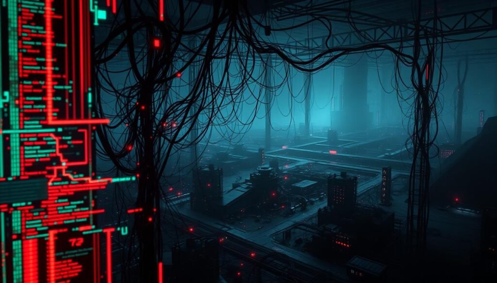 A complex network of interconnected digital vulnerabilities, exposed and exploited. Tangled webs of code and configuration flaws, surrounded by an ominous haze. In the foreground, a glitch-like distortion reveals a fractured system, its weaknesses laid bare. The middle ground features a labyrinth of digital pathways, each a potential entry point for malicious actors. The background encompasses a dystopian landscape of technological decay, where shadows and distortion obscure the true depth of the vulnerabilities. Diffuse lighting casts an eerie glow, heightening the sense of unease and the precarious nature of the digital environment.