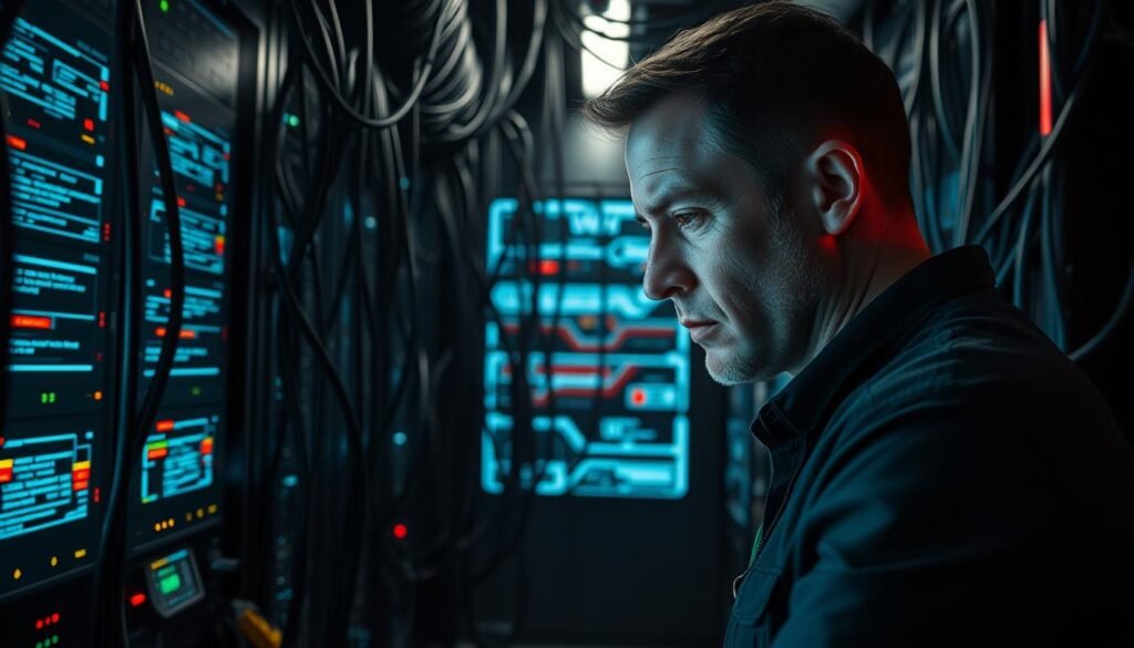A complex network of interconnected nodes, pulsing with data streams and secured by intricate protocols. A high-contrast, cinematic scene with dramatic lighting, capturing the intensity and dynamism of network forensics. Sleek black cables snake through a dimly lit server room, casting long shadows that converge on a central console displaying a real-time visualization of packet flows and network activity. In the foreground, a lone analyst intently scrutinizes the display, brow furrowed in concentration as they follow the forensic trail left by a hacker's digital footprints. A complex network of interconnected nodes, pulsing with data streams and secured by intricate protocols. A high-contrast, cinematic scene with dramatic lighting, capturing the intensity and dynamism of network forensics. Sleek black cables snake through a dimly lit server room, casting long shadows that converge on a central console displaying a real-time visualization of packet flows and network activity. In the foreground, a lone analyst intently scrutinizes the display, brow furrowed in concentration as they follow the forensic trail left by a hacker's digital footprints.