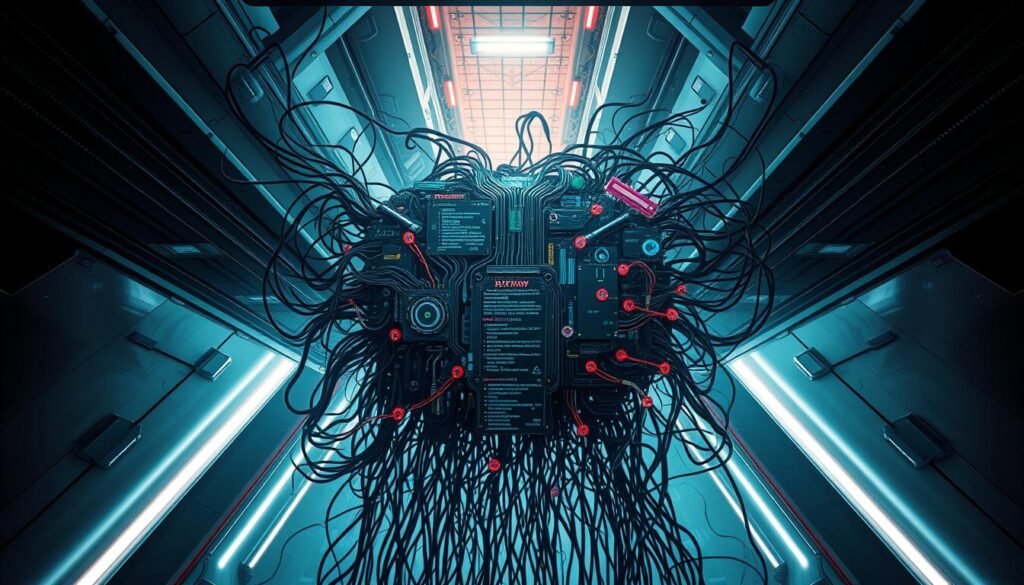 A complex network of interconnected systems, a banking trojan lurks within, its malicious tendrils reaching deep into the financial world. Set against a backdrop of sleek, angular architecture, the trojan's inner workings come to life, pulsing with lines of code and intricate circuitry. Crisp, high-contrast lighting illuminates the intricacies, casting dramatic shadows that hint at the threat's stealthy nature. The scene exudes a sense of unease, conveying the unique challenges and dangers posed by these sophisticated, ever-evolving cybersecurity threats.