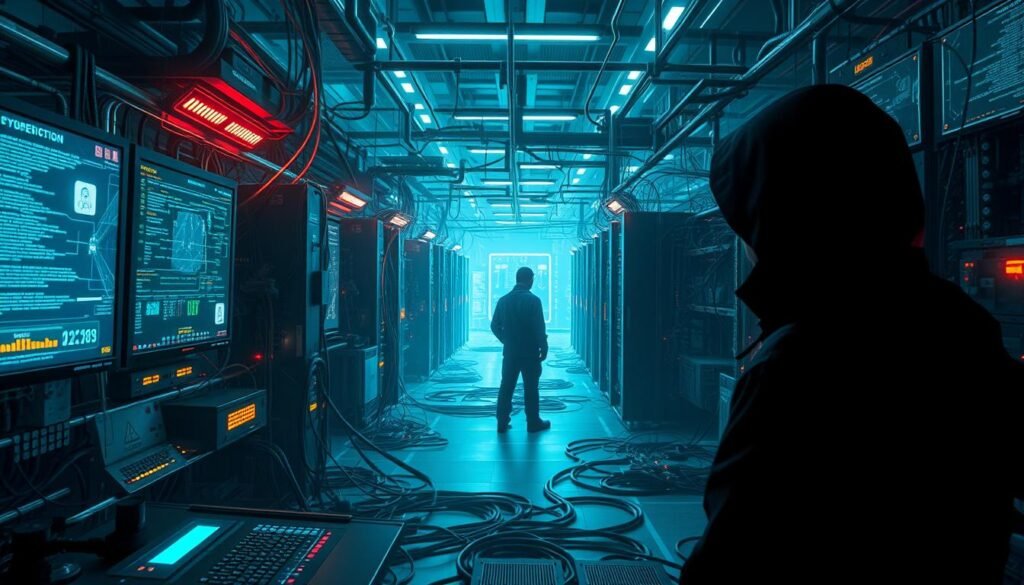 A complex network of interconnected systems, a digital landscape illuminated by the glow of screens and the flicker of data. In the foreground, a sleek command center with high-resolution displays, monitoring the pulse of this technological ecosystem. The middle ground features a maze of cables, servers, and blinking LEDs, the backbone of this intricate machinery. In the background, a shadowy silhouette of a lone figure, a hacker probing the depths of this digital realm, searching for vulnerabilities. The scene is bathed in a cool, technical palette, conveying a sense of precision, power, and the delicate balance of this sophisticated system. A complex network of interconnected systems, a digital landscape illuminated by the glow of screens and the flicker of data. In the foreground, a sleek command center with high-resolution displays, monitoring the pulse of this technological ecosystem. The middle ground features a maze of cables, servers, and blinking LEDs, the backbone of this intricate machinery. In the background, a shadowy silhouette of a lone figure, a hacker probing the depths of this digital realm, searching for vulnerabilities. The scene is bathed in a cool, technical palette, conveying a sense of precision, power, and the delicate balance of this sophisticated system.