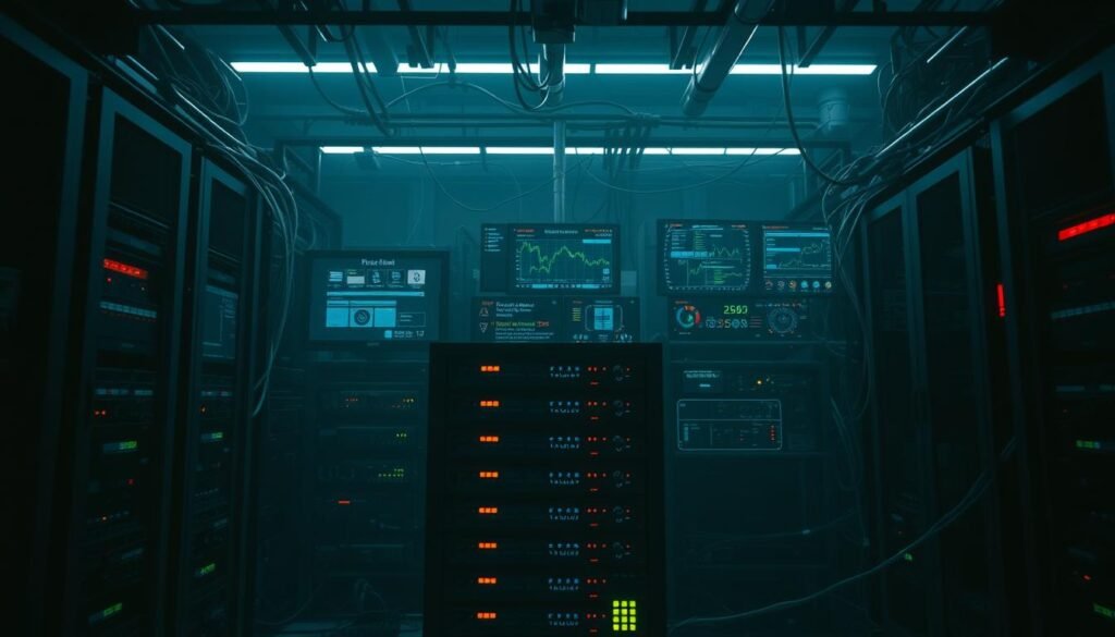 A complex network of interconnected systems, including servers, databases, and security appliances, set against a backdrop of a dimly lit server room. The foreground depicts a central rack of modern, sleek hardware components, their LED lights casting a subtle glow. In the middle ground, various monitoring screens display real-time metrics and status updates, conveying a sense of vigilance and preparedness. The background is shrouded in shadow, hinting at the unseen threats and vulnerabilities that lurk within the digital landscape, emphasizing the need for constant vigilance and a proactive approach to incident response. A complex network of interconnected systems, including servers, databases, and security appliances, set against a backdrop of a dimly lit server room. The foreground depicts a central rack of modern, sleek hardware components, their LED lights casting a subtle glow. In the middle ground, various monitoring screens display real-time metrics and status updates, conveying a sense of vigilance and preparedness. The background is shrouded in shadow, hinting at the unseen threats and vulnerabilities that lurk within the digital landscape, emphasizing the need for constant vigilance and a proactive approach to incident response.