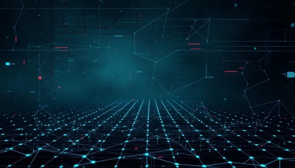 A complex network visualization filled with intricate patterns and dynamic data flows. In the foreground, a pulsating grid of interconnected nodes and edges, representing the ebb and flow of network traffic. The middle ground features various geometric shapes and lines, symbolizing the detection and analysis of network activity. The background is shrouded in a moody, atmospheric haze, suggesting the elusive nature of command-and-control server communication. The lighting is dramatic, with deep shadows and highlights accentuating the technical details. The overall composition conveys a sense of investigative purpose and the importance of vigilance in the face of evolving cyber threats.
