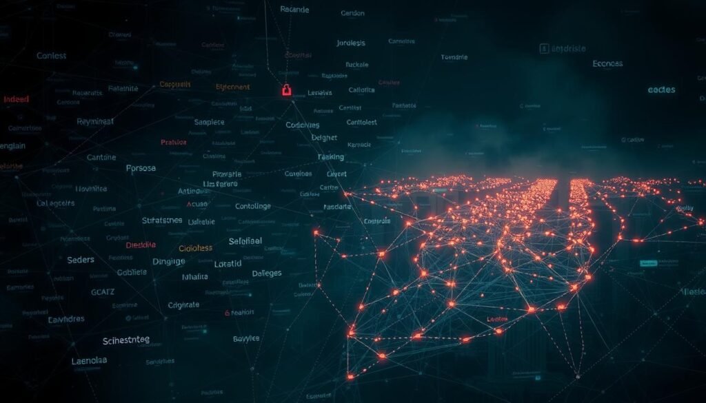 A complex tapestry of interconnected identities, aliases and attribution woven across a dark digital landscape. In the foreground, a tangled web of brand names, codenames and public personas float amidst a swirling storm of data streams and information flows. In the middle ground, glowing nodes and connections form a treacherous labyrinth, hinting at the hidden linkages and obfuscation tactics used by the world's most dangerous cyber adversaries. The background is shrouded in an ominous fog, a sense of the unknown and the unseen, challenging the viewer to unravel the mysteries of this threat horizon. Dramatic lighting casts dramatic shadows, creating a moody, high-contrast scene that conveys the gravity and complexity of the subject matter.