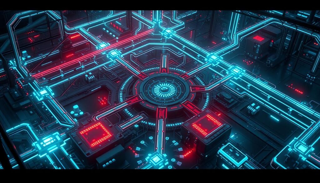 A complex web of communication channels, with various conduits and nodes interconnected in a dynamic, ever-evolving network. Sleek, cyberpunk-inspired aesthetic, rendered in a hyper-detailed, cinematic style. Glowing, neon-like data streams weave through the scene, casting an ethereal, futuristic glow. A central command hub, with nested clusters of advanced encryption protocols, secure access points, and clandestine data relays. Subtle shadows and contours suggest the presence of advanced surveillance and anomaly detection systems, vigilantly monitoring the flow of sensitive information. The overall atmosphere is one of technological sophistication, strategic complexity, and the ever-present need for robust security measures in the face of evolving cyber threats.