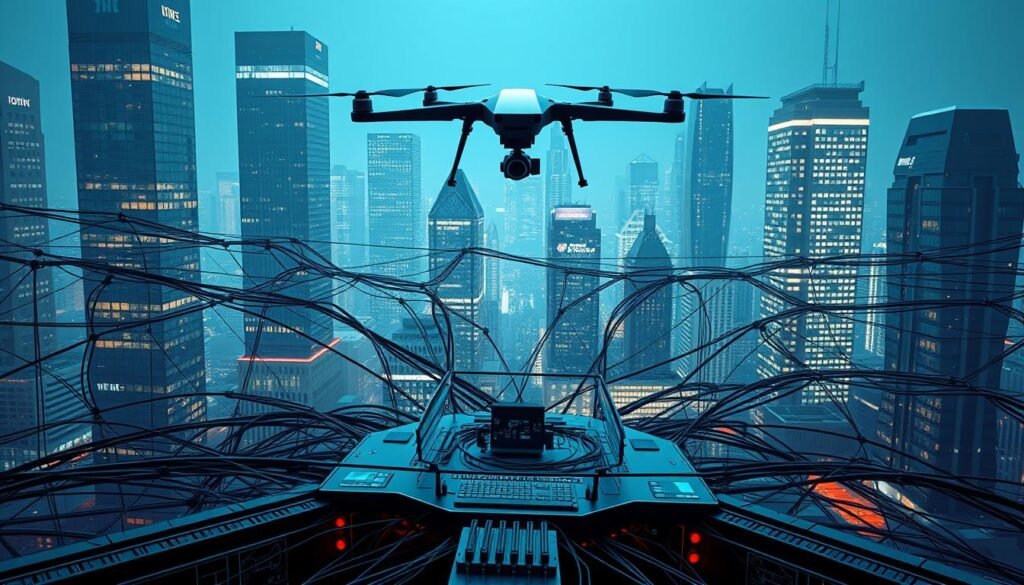 A complex web of digital connections, protected by a fortress of security measures. In the foreground, a sleek, high-contrast command center, its screens displaying real-time network data. Hovering above, a surveillance drone scans the perimeter, its sharp lens capturing every detail. In the background, a cityscape of gleaming skyscrapers, their windows reflecting the ever-vigilant gaze of the cybersecurity system. The lighting is stark and dramatic, casting long shadows and highlighting the gravity of the task at hand. The overall mood is one of both vigilance and reassurance, a testament to the power of proactive digital defense.