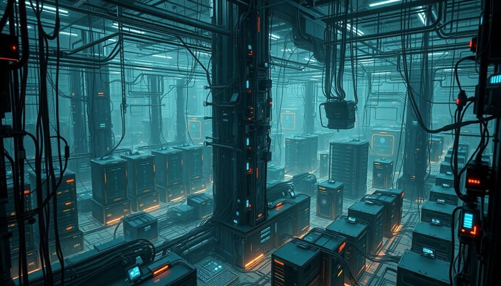 A complex web of interconnected systems, a digital fortress against the relentless onslaught of cyber threats. In the foreground, a towering firewall stands vigilant, its intricate circuits pulsing with the rhythmic flow of data. Surrounding it, a maze of servers and routers, each a guardian against the invisible hackers, their workings illuminated by the soft glow of status lights. In the background, a vast network of cloud-based services, a labyrinth of interdependencies and legacy components, all protected by layers of security protocols and encryption. The atmosphere is one of unease, a constant state of readiness, as the AI-powered systems work tirelessly to detect and neutralize any breach, their algorithms constantly evolving to stay one step ahead of the ever-changing tactics of the cybercriminals.
