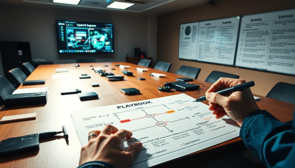 A conference room table with a detailed incident response plan laid out, surrounded by various cybersecurity tools and devices. In the foreground, a hand sketches a "playbook" diagram, outlining the key steps and decision points of the response process. The middle ground features a large display screen, showing a real-time threat visualization. In the background, a wall-mounted whiteboard is filled with annotated timelines, checklists, and mitigation strategies. Bright, focused lighting illuminates the scene, casting shadows that convey a sense of urgency and purpose. The overall atmosphere is one of organized, collaborative incident response planning. A conference room table with a detailed incident response plan laid out, surrounded by various cybersecurity tools and devices. In the foreground, a hand sketches a "playbook" diagram, outlining the key steps and decision points of the response process. The middle ground features a large display screen, showing a real-time threat visualization. In the background, a wall-mounted whiteboard is filled with annotated timelines, checklists, and mitigation strategies. Bright, focused lighting illuminates the scene, casting shadows that convey a sense of urgency and purpose. The overall atmosphere is one of organized, collaborative incident response planning.
