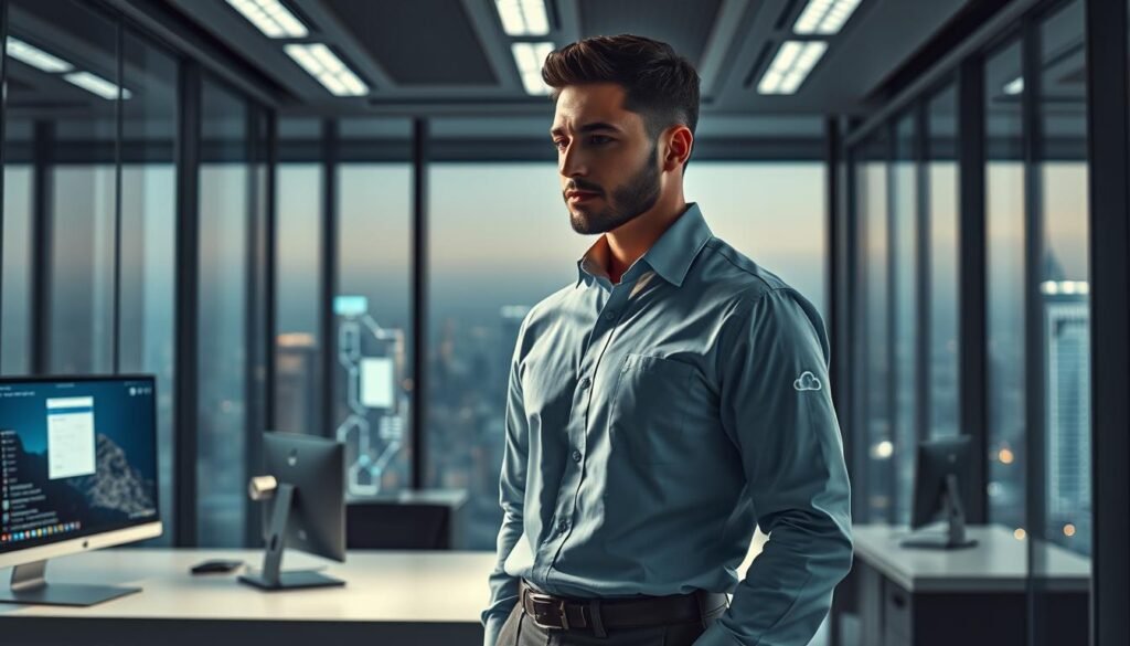 A confident and focused Google Cloud security engineer, standing tall in a sleek and modern office setting. Wearing a crisp button-down shirt and slacks, with a subtle cloud logo emblazoned on their shirt sleeve. The engineer's expression is one of determined professionalism, gazing intently at a holographic display that showcases the latest cloud security protocols and threat mitigation strategies. Soft, directional lighting casts dramatic shadows, while the background features a seamless integration of physical and digital elements - a minimalist desk, high-tech monitors, and a panoramic view of a bustling city skyline through floor-to-ceiling windows.
