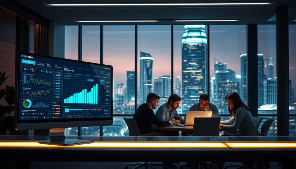 A corporate office interior, bathed in a soft, ambient lighting. In the foreground, a sleek computer monitor displays a live dashboard of security metrics, with glowing indicators and dynamic visualizations. In the middle ground, a team of cybersecurity professionals huddle around a conference table, deeply engaged in discussion, their faces illuminated by the glow of their laptops. The background features a towering window overlooking a bustling cityscape, symbolizing the constant vigilance required to protect the organization from external threats. The overall atmosphere conveys a sense of technological prowess, collaborative problem-solving, and a unwavering commitment to safeguarding the digital landscape.