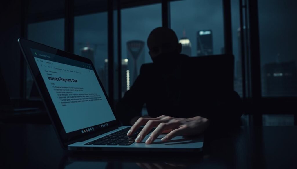 A corporate office interior, dimly lit with a moody, foreboding atmosphere. In the foreground, a laptop screen displays an ominous email, the subject line reading "Invoice Payment Due". Shadows cast across the desk, creating a sense of unease. The middle ground features a businessperson's hands hovering over the keyboard, their face obscured, conveying a feeling of vulnerability. In the background, a window overlooking a city skyline, hinting at the scale and far-reaching consequences of the impending "business email compromise". Cinematic lighting and depth of field emphasize the gravity of the situation. A corporate office interior, dimly lit with a moody, foreboding atmosphere. In the foreground, a laptop screen displays an ominous email, the subject line reading "Invoice Payment Due". Shadows cast across the desk, creating a sense of unease. The middle ground features a businessperson's hands hovering over the keyboard, their face obscured, conveying a feeling of vulnerability. In the background, a window overlooking a city skyline, hinting at the scale and far-reaching consequences of the impending "business email compromise". Cinematic lighting and depth of field emphasize the gravity of the situation.