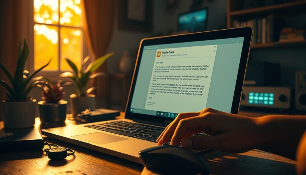 A cozy home office scene, bathed in warm, golden light filtering through the window. On the desk, a laptop displays a suspicious-looking email, its subject line hinting at an urgent financial matter. The user's hand hovers over the mouse, hesitating, as they contemplate the next step. The atmosphere is one of growing unease, the calm before the storm of a potential phishing scam about to unfold.