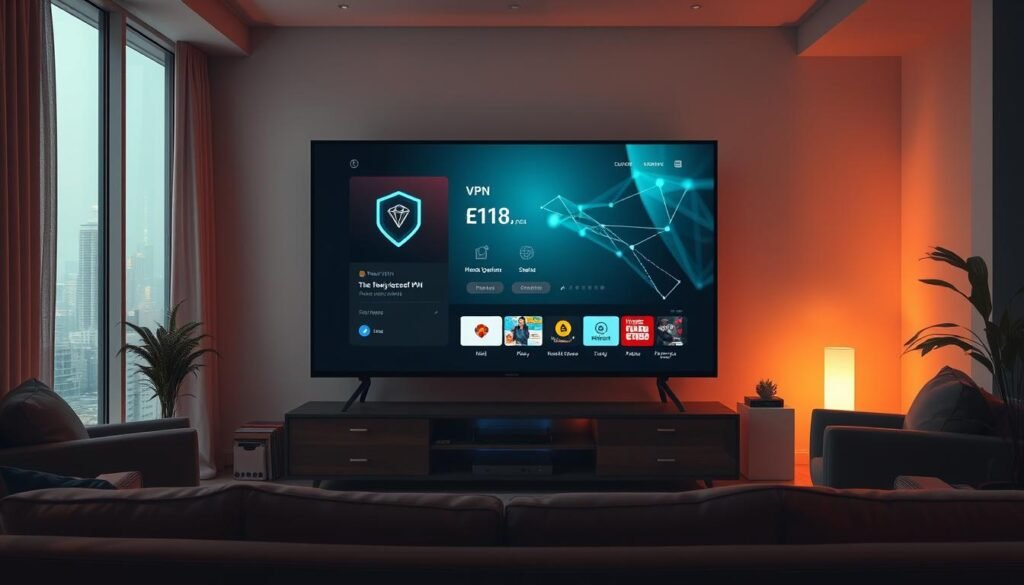 A cozy living room setting with a large, modern TV screen displaying a Proton VPN interface. The TV is positioned in the foreground, with a sleek, minimalist entertainment center supporting it. The room is bathed in warm, soft lighting, creating a relaxed, inviting atmosphere. In the middle ground, a comfortable sofa and armchair are arranged, inviting the viewer to sit and enjoy the streaming content. The background features a large window with a view of a city skyline, hinting at the global connectivity Proton VPN provides. The overall scene conveys a sense of privacy, security, and the ability to access content from anywhere. A cozy living room setting with a large, modern TV screen displaying a Proton VPN interface. The TV is positioned in the foreground, with a sleek, minimalist entertainment center supporting it. The room is bathed in warm, soft lighting, creating a relaxed, inviting atmosphere. In the middle ground, a comfortable sofa and armchair are arranged, inviting the viewer to sit and enjoy the streaming content. The background features a large window with a view of a city skyline, hinting at the global connectivity Proton VPN provides. The overall scene conveys a sense of privacy, security, and the ability to access content from anywhere.