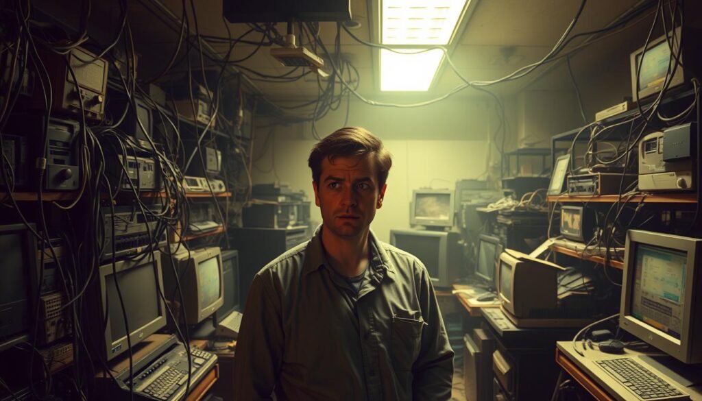A cramped office space, cluttered with outdated desktop computers, tangled cables, and ageing network hardware. The dim overhead lighting casts long shadows, creating a sense of unease and vulnerability. In the foreground, a small business owner stands, brow furrowed, struggling to understand the complex web of technology that surrounds them. The background is hazy, hinting at the ever-evolving landscape of cybersecurity threats lurking in the digital realm. This image captures the precarious technology realities faced by small businesses, where limited resources and technical expertise leave them exposed to the growing dangers of the cyber world. A cramped office space, cluttered with outdated desktop computers, tangled cables, and ageing network hardware. The dim overhead lighting casts long shadows, creating a sense of unease and vulnerability. In the foreground, a small business owner stands, brow furrowed, struggling to understand the complex web of technology that surrounds them. The background is hazy, hinting at the ever-evolving landscape of cybersecurity threats lurking in the digital realm. This image captures the precarious technology realities faced by small businesses, where limited resources and technical expertise leave them exposed to the growing dangers of the cyber world.