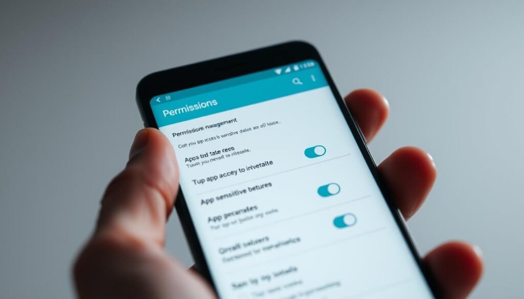 A crisp, close-up view of a modern smartphone's permission management interface. The device's screen displays a clean, minimalist UI with clear toggles and icons to control app access to sensitive data and device features. The phone is held in a well-lit, professional-looking studio setting, captured at a slight angle to highlight the screen's details. The background is softly blurred, keeping the focus on the phone's intuitive permission controls. An atmosphere of simplicity and user-friendliness pervades the scene, conveying the ease of securing one's Android device through these crucial app settings. A crisp, close-up view of a modern smartphone's permission management interface. The device's screen displays a clean, minimalist UI with clear toggles and icons to control app access to sensitive data and device features. The phone is held in a well-lit, professional-looking studio setting, captured at a slight angle to highlight the screen's details. The background is softly blurred, keeping the focus on the phone's intuitive permission controls. An atmosphere of simplicity and user-friendliness pervades the scene, conveying the ease of securing one's Android device through these crucial app settings.