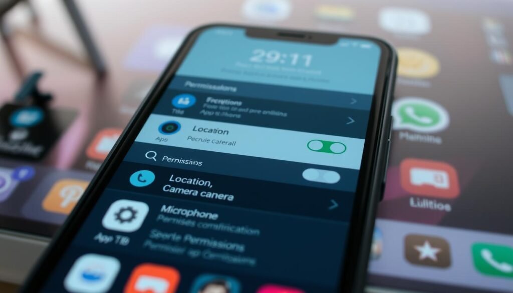 A crisp, high-resolution image of a smartphone screen displaying a detailed permission management interface. The foreground shows a grid of app icons, each with a set of toggles for location, camera, microphone, and other permissions. The middle ground features a clean, minimalist UI with clear labeling and toggles for granular control. The background is a subtly blurred representation of the phone's home screen, conveying a sense of real-world context. The lighting is soft and natural, with a slight warm tone to suggest a contemporary, professional setting. The camera angle is frontal, providing an intuitive and accessible view of the permission management system.