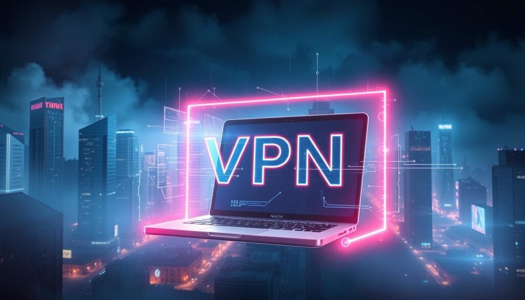 A cyberpunk-inspired digital illustration depicting a VPN (virtual private network) as a protective shield or forcefield, shielding a laptop or mobile device from cyber threats. The foreground features a sleek, futuristic laptop or smartphone encased in a shimmering, holographic VPN barrier. The middle ground shows a cityscape of towering skyscrapers and neon-lit streets, conveying a sense of urban connectivity. The background is shrouded in a hazy, atmospheric glow, evoking the hidden, encrypted nature of the VPN's protection. Dramatic lighting casts dynamic shadows and highlights the technological elements. The overall mood is one of digital security, privacy, and the power of encryption in the modern, interconnected world. A cyberpunk-inspired digital illustration depicting a VPN (virtual private network) as a protective shield or forcefield, shielding a laptop or mobile device from cyber threats. The foreground features a sleek, futuristic laptop or smartphone encased in a shimmering, holographic VPN barrier. The middle ground shows a cityscape of towering skyscrapers and neon-lit streets, conveying a sense of urban connectivity. The background is shrouded in a hazy, atmospheric glow, evoking the hidden, encrypted nature of the VPN's protection. Dramatic lighting casts dynamic shadows and highlights the technological elements. The overall mood is one of digital security, privacy, and the power of encryption in the modern, interconnected world.