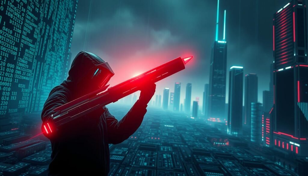 A cyberpunk-inspired scene of futuristic cyber warfare. In the foreground, a shadowy figure wielding a sleek, holographic cyber weapon stands poised, their face obscured by a high-tech visor. The middle ground features a matrix of cascading digital code and glowing circuit boards, hinting at the intricate network of cyber infrastructure. In the background, towering skyscrapers and a moody, neon-lit cityscape create a sense of technological dominance and an ominous atmosphere. The lighting is sharp and dramatic, casting dramatic shadows and highlights to convey the high-stakes, high-tech nature of modern cyber conflicts.
