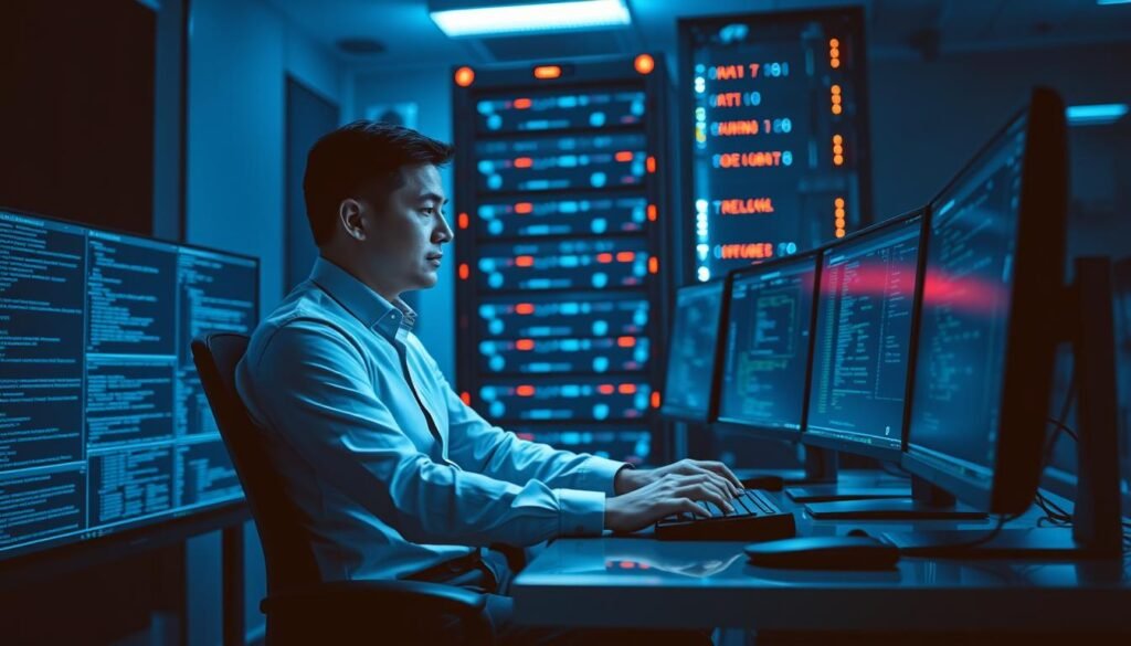 A cybersecurity analyst, dressed in a crisp button-down shirt and slacks, sits focused at a sleek desk, surrounded by multiple monitors displaying complex code and network diagrams. The scene is bathed in a cool, blue-tinted lighting, creating an atmosphere of technical precision and digital security. In the background, a towering server rack stands, its blinking lights hinting at the vast infrastructure the analyst oversees. The figure's expression is one of intense concentration, their hands deftly navigating between keyboards and input devices as they analyze threat patterns and devise strategies to protect sensitive data. The overall composition conveys the essence of a cybersecurity professional's role - a blend of technological expertise, analytical problem-solving, and vigilant monitoring to safeguard critical systems. A cybersecurity analyst, dressed in a crisp button-down shirt and slacks, sits focused at a sleek desk, surrounded by multiple monitors displaying complex code and network diagrams. The scene is bathed in a cool, blue-tinted lighting, creating an atmosphere of technical precision and digital security. In the background, a towering server rack stands, its blinking lights hinting at the vast infrastructure the analyst oversees. The figure's expression is one of intense concentration, their hands deftly navigating between keyboards and input devices as they analyze threat patterns and devise strategies to protect sensitive data. The overall composition conveys the essence of a cybersecurity professional's role - a blend of technological expertise, analytical problem-solving, and vigilant monitoring to safeguard critical systems.