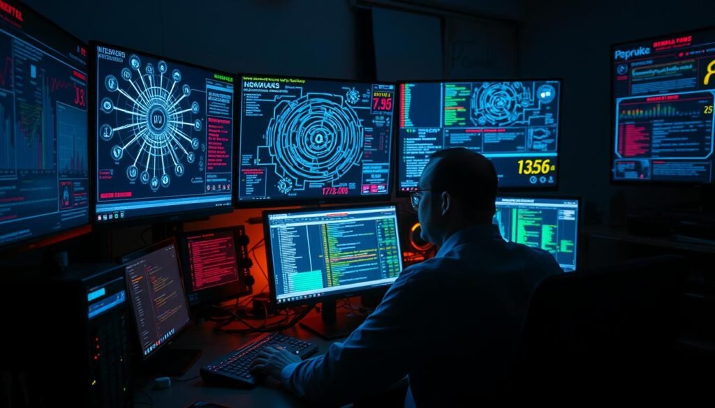 A cybersecurity analyst's workstation, bathed in the glow of multiple high-resolution displays. On the screens, intricate network diagrams, threat intelligence data, and real-time security alerts command the attention. The room is dimly lit, creating an atmosphere of focused intensity, with the analyst's face illuminated by the digital interfaces. Sleek, modern hardware and an array of specialized cybersecurity tools hint at the complex, multilayered approach to detecting and mitigating digital threats. The scene conveys a sense of vigilance, determination, and the relentless pursuit of safeguarding digital assets against the ever-evolving landscape of cyber attacks.