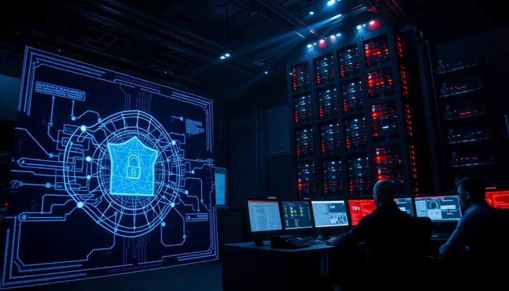 A cybersecurity command center in a dark, high-tech environment. In the foreground, a holographic display shows a secure network diagram, pulsing with data streams. In the middle ground, a team of analysts monitors security dashboards, their faces illuminated by the glow of multiple screens. In the background, an imposing server rack towers over the scene, its blinking lights casting an ominous glow. The lighting is dramatic, with moody shadows and beams of light cutting through the darkness. The overall atmosphere conveys a sense of vigilance and the constant battle to protect sensitive information.