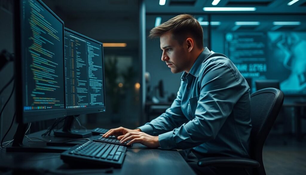 A cybersecurity professional, the malware analyst sits at a desk, deeply focused on a dual-screen setup. The foreground features a sleek, ergonomic workstation with a mechanical keyboard and a high-resolution monitor displaying complex code and malware analysis tools. In the middle ground, the analyst, dressed in a crisp button-down shirt and dark slacks, leans in, brow furrowed in concentration, as they navigate through layers of intricate digital threats. The background blends seamlessly, with a dimly lit office environment, hinting at the high-stakes nature of the analyst's work. Soft, directional lighting casts a contemplative glow, emphasizing the intensity and dedication required in this specialized cybersecurity role. A cybersecurity professional, the malware analyst sits at a desk, deeply focused on a dual-screen setup. The foreground features a sleek, ergonomic workstation with a mechanical keyboard and a high-resolution monitor displaying complex code and malware analysis tools. In the middle ground, the analyst, dressed in a crisp button-down shirt and dark slacks, leans in, brow furrowed in concentration, as they navigate through layers of intricate digital threats. The background blends seamlessly, with a dimly lit office environment, hinting at the high-stakes nature of the analyst's work. Soft, directional lighting casts a contemplative glow, emphasizing the intensity and dedication required in this specialized cybersecurity role.
