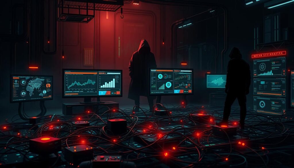 A dark and ominous cybersecurity landscape, with a complex network of interconnected platforms, servers, and devices representing the vulnerabilities inherent in modern supply chains. The foreground features a tangled web of cables, servers, and security icons, hinting at the hidden threats lurking within. The middle ground depicts a series of screens displaying graphs, charts, and warning signs, visualizing the data-driven nature of supply chain risk assessment. In the background, a shadowy figure looms, symbolizing the ever-present threat of malicious actors seeking to exploit weaknesses. The scene is illuminated by a dim, eerie glow, creating a sense of foreboding and unease. The overall atmosphere conveys the gravity and importance of securing the supply chain against emerging cybersecurity threats.