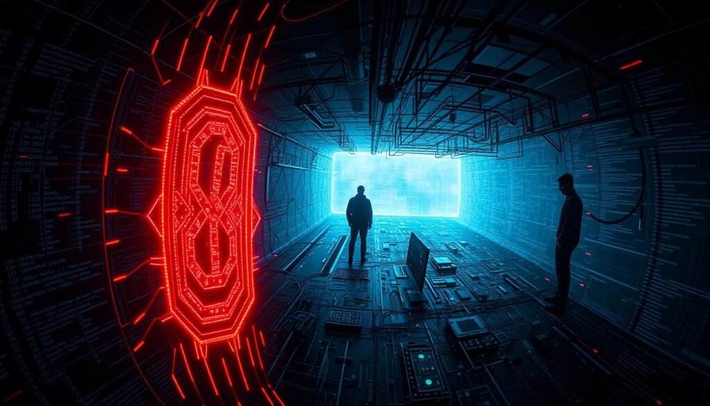 A dark and ominous digital landscape, a web of intricate code cascading across a shadowy screen. In the foreground, a gaping vulnerability - a single line of code, a missed security patch, a backdoor left open. Ominous red glyphs flicker and pulse, warning of the imminent threat. The middle ground reveals a complex network of interconnected systems, each a potential target for exploits. In the distance, a sinister silhouette looms, a hacker poised to strike. High-contrast lighting casts dramatic shadows, heightening the sense of foreboding. A fisheye lens distorts the scene, conveying the overwhelming scale and complexity of the zero-day vulnerability.