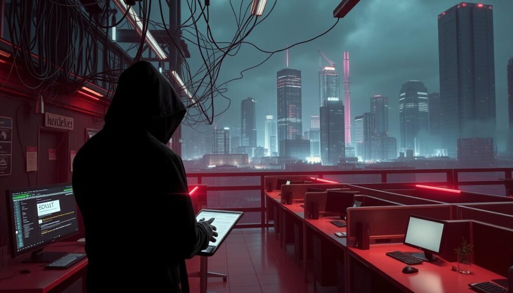 A dark, cyberpunk-inspired scene depicting the core elements of a phishing attack. In the foreground, a shadowy figure hovers over a computer screen, their hands poised to send a deceptive email. Behind them, a complex web of digital connections and data flows hint at the intricate infrastructure of the phishing campaign. The middle ground features a generic business office environment, with generic workstations and office equipment, conveying the broad target audience for such an attack. In the background, a cityscape with towering skyscrapers and a hazy, neon-tinged atmosphere sets the stage for this high-stakes, high-tech digital deception.
