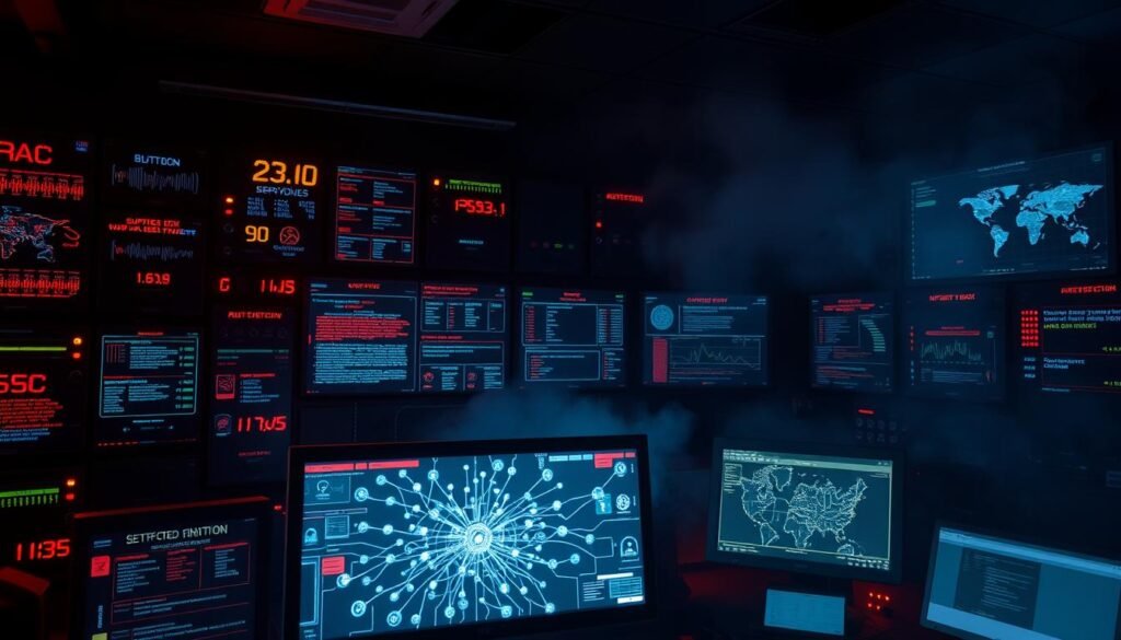 A dark, dimly lit control room filled with a variety of blinking detection signals. In the foreground, a central computer display shows a network topology with pulsating nodes and connections, indicating a cyber attack in progress. The middle ground features various security monitoring panels, each depicting a range of threat indicators such as suspicious traffic patterns, anomalous user behavior, and potential malware signatures. The background is shrouded in an ominous, atmospheric haze, casting an eerie glow over the entire scene. The overall mood conveys a sense of urgency and the need for rapid response to the emerging cyber threat.