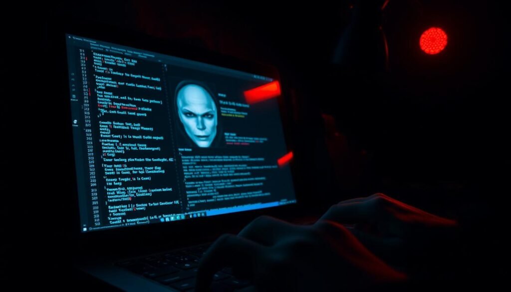 A dark, dimly lit room with a laptop screen glowing ominously. On the screen, a live video feed from a webcam, its lens reflecting the unseen hacker's face as they expertly navigate through complex code. The atmosphere is tense, the air thick with the sense of intrusion and the violation of privacy. In the foreground, a hand skillfully manipulates the keyboard, while in the background, the webcam's red light blinks ominously, a silent witness to the hacker's sinister activities. A dark, dimly lit room with a laptop screen glowing ominously. On the screen, a live video feed from a webcam, its lens reflecting the unseen hacker's face as they expertly navigate through complex code. The atmosphere is tense, the air thick with the sense of intrusion and the violation of privacy. In the foreground, a hand skillfully manipulates the keyboard, while in the background, the webcam's red light blinks ominously, a silent witness to the hacker's sinister activities.