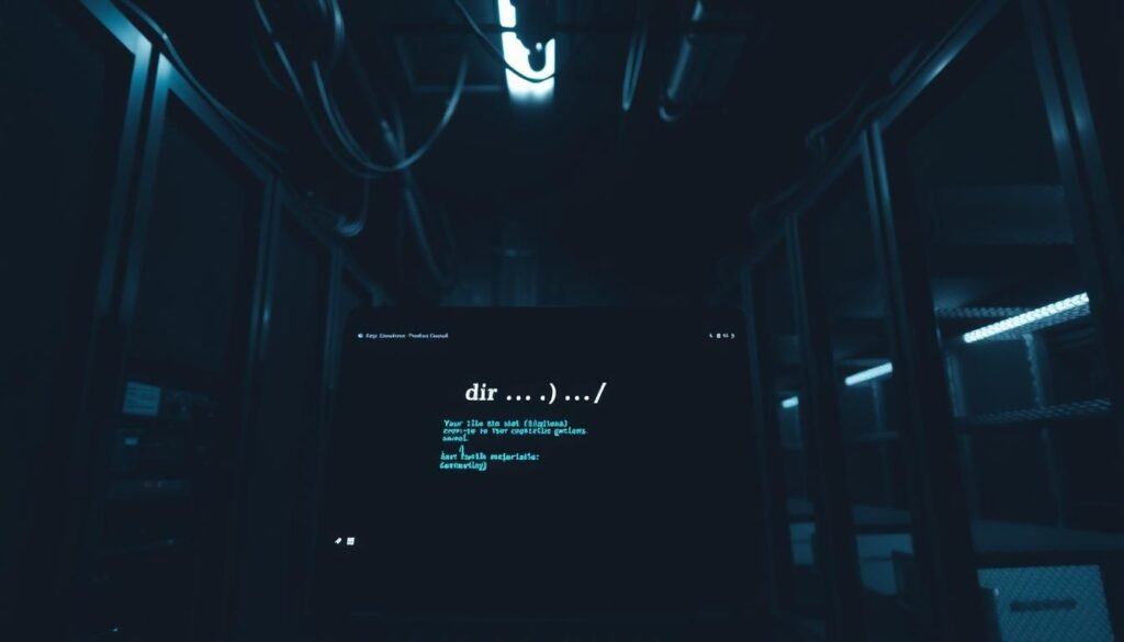 A dark, dimly lit server room with metal shelves and cables running across the ceiling. In the foreground, a laptop screen displays a command prompt with the text "dir ../" - a classic path traversal attack, revealing sensitive server configuration files. The camera angle is slightly tilted, casting long shadows and creating an ominous atmosphere. The lighting is harsh, with a single overhead light casting deep shadows across the scene. The background is blurred, with the faint silhouettes of servers and networking equipment visible, emphasizing the technical nature of the environment.