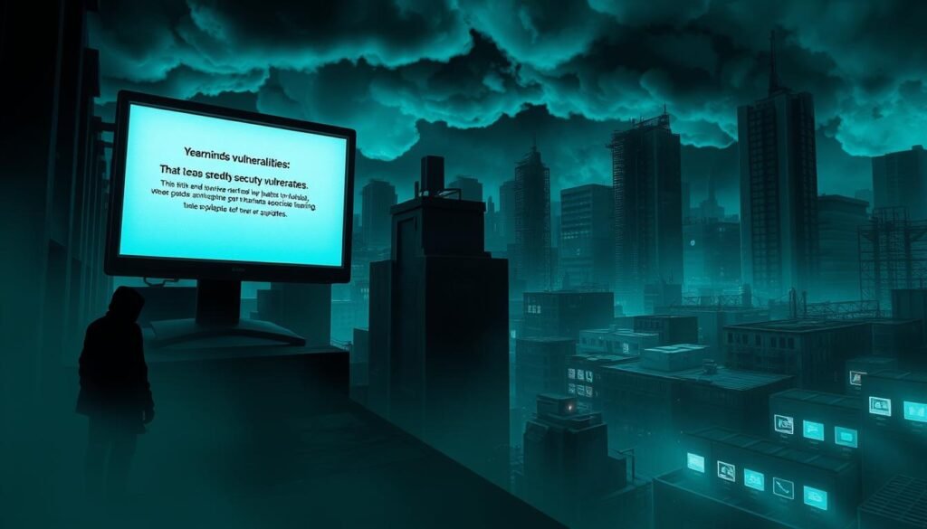 A dark, dystopian cityscape with ominous clouds looming overhead. In the foreground, a computer screen displays a warning message about critical security vulnerabilities. Shadowy figures lurk in the alleyways, representing the potential cyber threats. The middle ground shows a grid of outdated software icons, representing the risks of skipping updates. The background depicts a grim, industrial landscape with decaying infrastructure, symbolizing the consequences of neglecting system maintenance. The scene is lit by an eerie, bluish-green hue, creating a sense of unease and impending danger. The overall mood is one of dread and the urgent need to address the risks of postponing essential software updates.