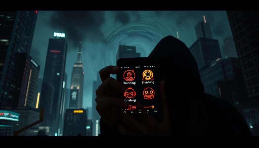 A dark, foreboding cityscape at night, with towering skyscrapers and neon signs casting an eerie glow. In the foreground, a shadowy figure holding a smartphone, its screen flickering with ominous icons representing vishing, smishing, and quishing threats. The background is filled with a swirling, ominous energy, conveying the sense of danger and vulnerability associated with these emerging cybersecurity risks. The scene is captured with a cinematic, wide-angle lens, creating a sense of unease and tension. The lighting is dramatic, with deep shadows and harsh highlights, adding to the ominous atmosphere.