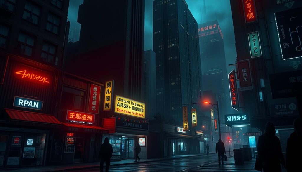 A dark, foreboding cyberpunk cityscape at night, with small businesses represented by humble storefronts and mom-and-pop shops nestled between towering skyscrapers. Ominous shadows loom, hinting at the unseen threats lurking in the digital realm. Glowing neon signs and flickering streetlights cast an eerie glow, while ominous silhouettes of hackers and cyber-criminals prowl the alleyways. The mood is one of unease and vulnerability, as the small enterprises struggle to safeguard their data and systems against the ever-evolving landscape of digital threats. A dark, foreboding cyberpunk cityscape at night, with small businesses represented by humble storefronts and mom-and-pop shops nestled between towering skyscrapers. Ominous shadows loom, hinting at the unseen threats lurking in the digital realm. Glowing neon signs and flickering streetlights cast an eerie glow, while ominous silhouettes of hackers and cyber-criminals prowl the alleyways. The mood is one of unease and vulnerability, as the small enterprises struggle to safeguard their data and systems against the ever-evolving landscape of digital threats.