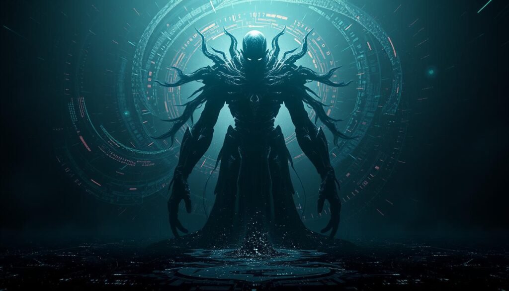 A dark, foreboding digital landscape, with a towering, ominous figure at the center. The figure is a complex, faceless entity, its form shifting and morphing, as if it is made of liquid metal and shadow. In the background, a swirling vortex of data, code, and binary fragments, creating a sense of chaos and overwhelming power. The lighting is dramatic, with harsh, angular shadows and a moody, ominous atmosphere. The overall impression is one of a powerful, unidentifiable cyber adversary, whose true nature and identity are shrouded in mystery and danger.