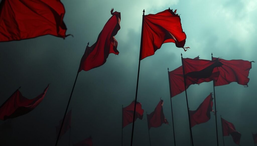 A dark, foreboding scene featuring a collection of ominous red flags floating in the air against a hazy, oppressive backdrop. The flags are tattered and worn, casting long, eerie shadows across the scene. Dramatic lighting casts deep shadows, creating a sense of unease and danger. The flags are positioned to draw the viewer's attention, hinting at the perilous nature of the subject matter. The overall atmosphere is one of caution and unease, conveying the idea of hidden threats and potential risks.