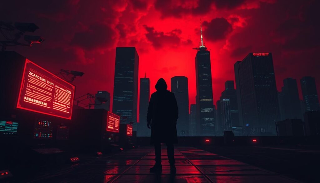 A dark, foreboding scene of the impact on organizations. In the foreground, a cyberpunk-inspired landscape with glowing digital interfaces, servers, and surveillance cameras. In the middle ground, a shadowy figure representing a malicious hacker, casting a long ominous shadow over the scene. In the background, towering corporate skyscrapers under an ominous red-tinged sky, symbolizing the scale and gravity of the threat. The lighting is stark and dramatic, with high-contrast shadows and highlights to convey a sense of tension and unease. The overall atmosphere is one of dread and trepidation, capturing the risks, costs, and operational disruption that organizations face from zero-day attacks.