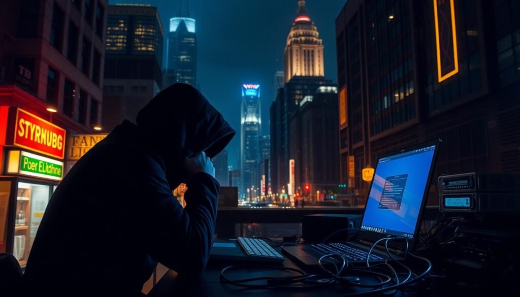 A dark, gritty cityscape at night, illuminated by the warm glow of neon signs and streetlights. In the foreground, a shadowy figure hunches over a laptop, their face obscured by the screen's blue-tinted glow. Cables and wires snake across the desk, connecting the laptop to a tangle of hardware - routers, modems, and servers. In the background, the silhouettes of towering skyscrapers loom, their windows reflecting the flickering lights of the city below. An atmosphere of mystery and secrecy pervades the scene, hinting at the hidden world of the dark web that the figure seeks to access.