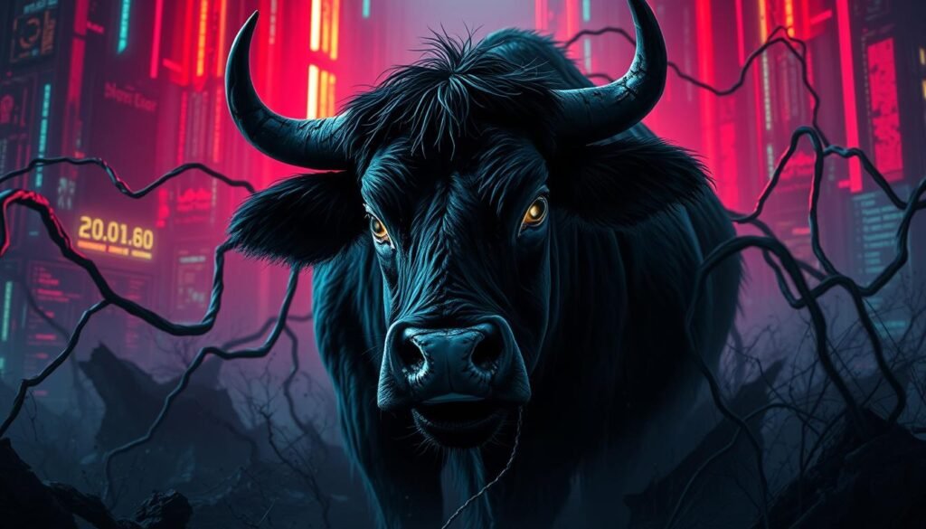 A dark, gritty rendition of the Dirty COW Linux vulnerability, depicted as a sinister bovine entity, its monstrous form emerging from a cyberpunk landscape. The creature's distorted features reflect the malicious nature of the exploit, its glowing eyes piercing the shadows. Tendrils of corrupted code swirl around the beast, highlighting the underlying technical complexity of the flaw. The scene is bathed in an eerie, neon-tinged glow, creating a sense of unease and impending danger. The composition emphasizes the ominous presence of the Dirty COW, capturing the essence of this critical Linux vulnerability in a visually striking and impactful manner.